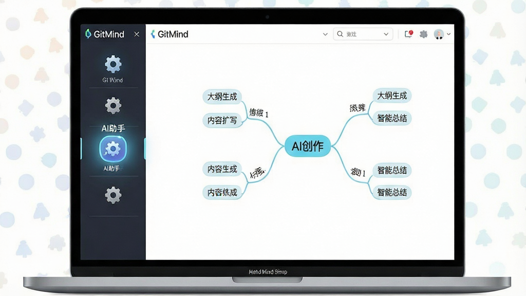一张产品功能展示图,主体为笔记本电脑屏幕上的GitMind软件界面,左侧是一列功能图标,其中AI助手图标高亮发光。界面中央显示一个由AI自动生成的思维导图,主题为