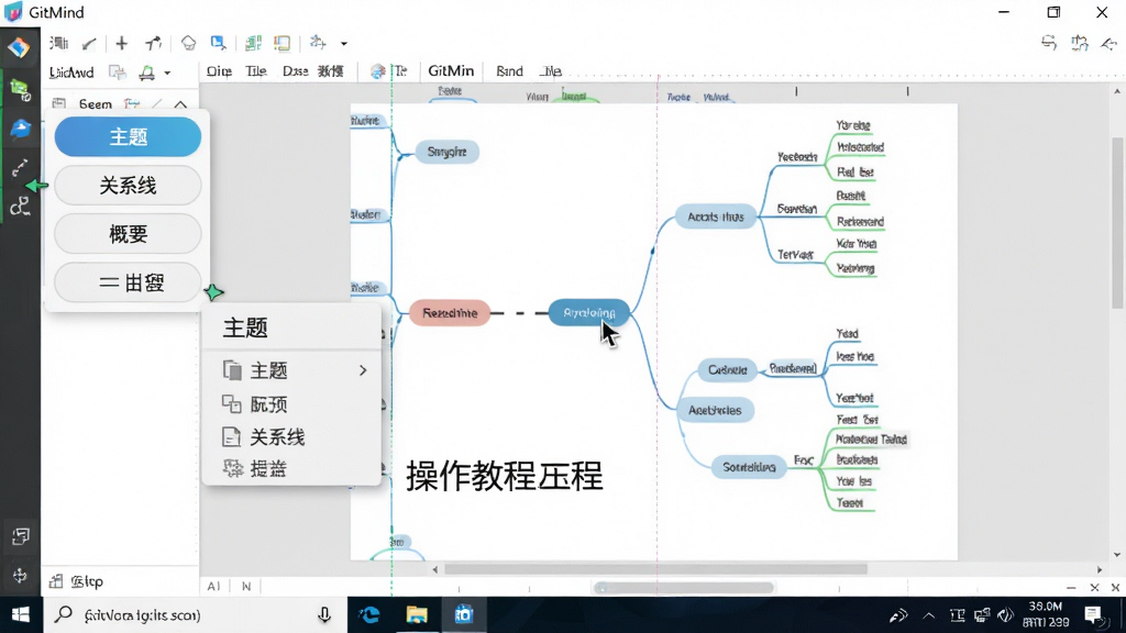 一张操作教程截图,主体为GitMind软件在Windows电脑上的编辑界面,画布中央是一棵正在编辑的思维导图,左侧有浮动工具栏,包含