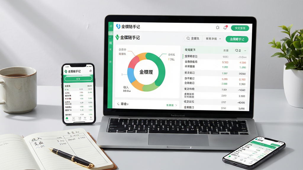 主体:金蝶随手记软件主界面展示,一台笔记本电脑屏幕显示彩色环形统计图与收支明细列表,屏幕前放置一部手机同步显示相同账目数据,旁边有一本翻开的纸质账本与一支笔。布局:电脑居中为视觉焦点,手机位于电脑右下角,账本在左下角,形成三角构图,画面留白合理。排版:电脑屏幕中的软件界面清晰可辨,包含“金蝶随手记”品牌标识、绿色主题按钮、简洁的表格栏目,整体界面整洁清晰。风格:现代商务写实风,光影自然,色彩明亮,浅灰色背景,绿色与白色为主色调,突出清爽高效的记账氛围。细节:屏幕和手机屏幕中的文字需显示“金蝶随手记”字样,账本上可见“收入”“支出”等手写体字样,水杯与绿植点缀增加生活气息。画质:8K超高清,细节丰富,干净无多余元素。
