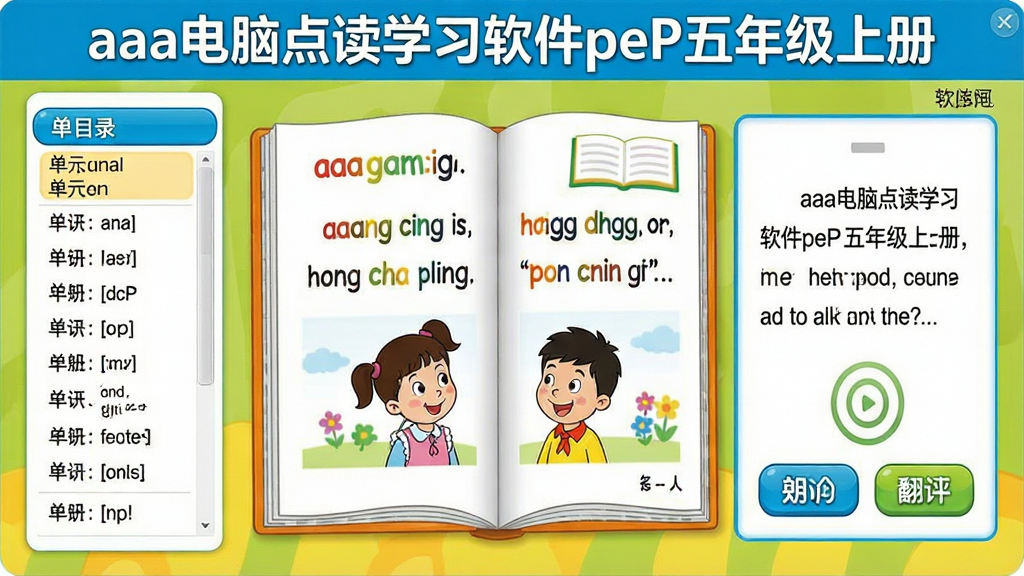 一张展示aaa电脑点读学习软件pep五年级上册主界面的高清图片,界面顶部有软件名称“aaa电脑点读学习软件pep五年级上册”字样,中央是打开的英语课本页面,左侧目录列表显示单元列表,右侧为课文点读区域,配有清晰的朗读按钮和翻译按钮,整体风格卡通活泼,色彩明亮,画质干净,无多余元素