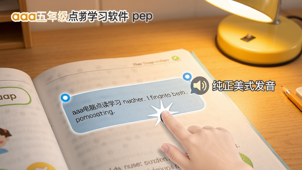 展示aaa电脑点读学习软件pep五年级上册原声点读功能的界面截图,画面中一本打开的英语课本上,一个手指光标正点击课文中的一句话,旁边弹出小喇叭图标,并标注“纯正美式发音”文字,背景为暖色调书桌,画质清晰,无多余元素