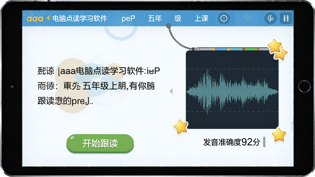 展示aaa电脑点读学习软件pep五年级上册跟读评测功能的界面,屏幕上显示一句课文原文,下方有“开始跟读”按钮,右侧是录音波形对比图,标有“发音准确度92分”字样,周围有鼓励性小星星图标,整体画风简洁明快,画质清晰,无多余元素