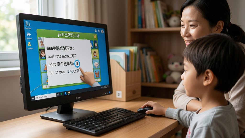 展示aaa电脑点读学习软件pep五年级上册在Windows电脑上运行的教学场景,屏幕上显示课文点读界面,一个孩子坐在电脑前手持鼠标点击句子,家长在旁边观看,画面温馨,背景是书房,整体风格写实自然,画质清晰,无多余元素