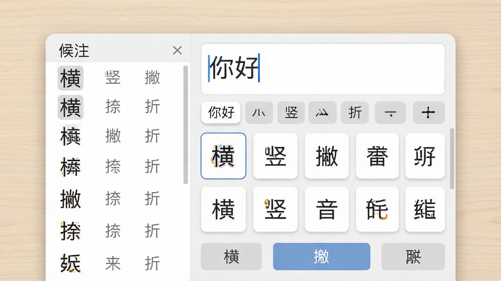 主体:笔画输入法软件主界面,展示一个简洁的输入框和笔画按键布局,背景为浅色桌面。布局:界面左侧为候选字列表,右侧为笔画输入区域,下方有功能按钮。排版:清晰明了,字体规整,按键排列整齐。风格:现代简约。细节:输入框中显示“你好”两个汉字,笔画按键标注“横、竖、撇、捺、折”,候选字区域有多个汉字供选择。画质:高清,干净,无多余元素。
