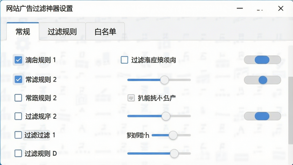 网站广告过滤神器设置界面截图,主体为软件设置面板,展示“常规”、“过滤规则”、“白名单”等选项卡,布局为横向菜单,排版整齐,风格为浅色极简,细节突出勾选框与滑动按钮,画质高清,干净无多余元素