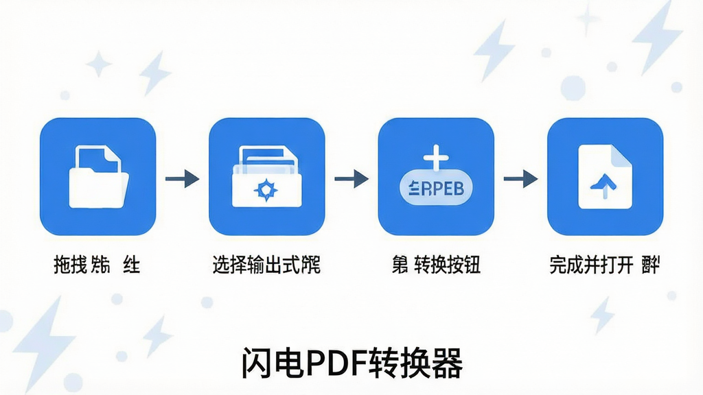 一张简洁的操作示意图,展示闪电PDF转换器的使用步骤,分为四个步骤:第一步拖拽文件,第二步选择输出格式,第三步点击转换按钮,第四步完成并打开文件,每步用蓝色圆角方块图标表示,背景为白色,底部有“闪电PDF转换器”字样,整体风格扁平化,干净清晰,无多余元素