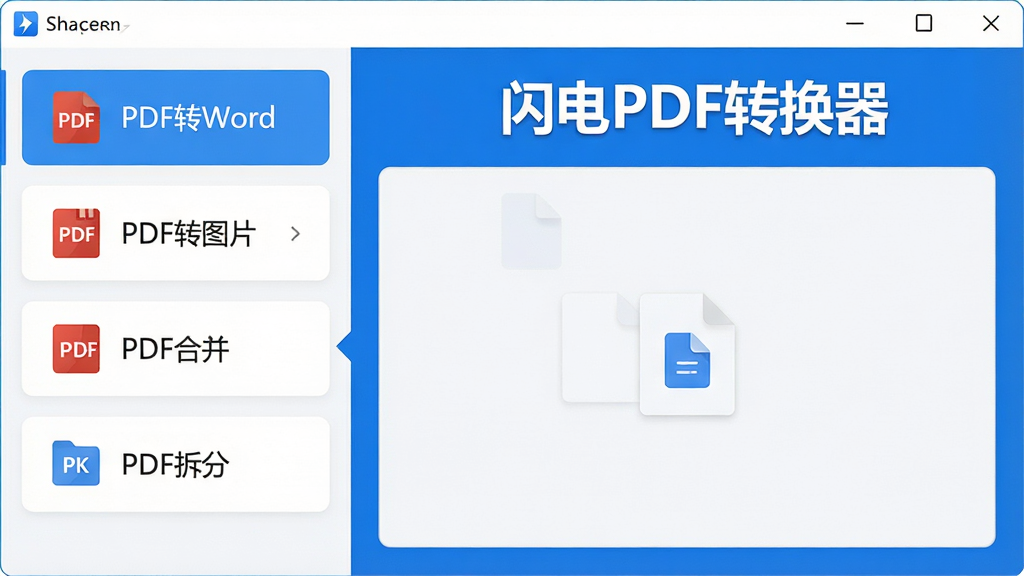 一张展示闪电PDF转换器完整主界面的高清晰度截图,界面为现代简约风格,左侧功能列表清晰列出PDF转Word、PDF转图片、PDF合并、PDF拆分等核心模块,右侧为拖拽文件区域,上方有醒目的“闪电PDF转换器”蓝色品牌标识,整体色调以蓝白为主,光线明亮,布局规整,UI设计干净整洁,无多余元素,画质精细,4K分辨率