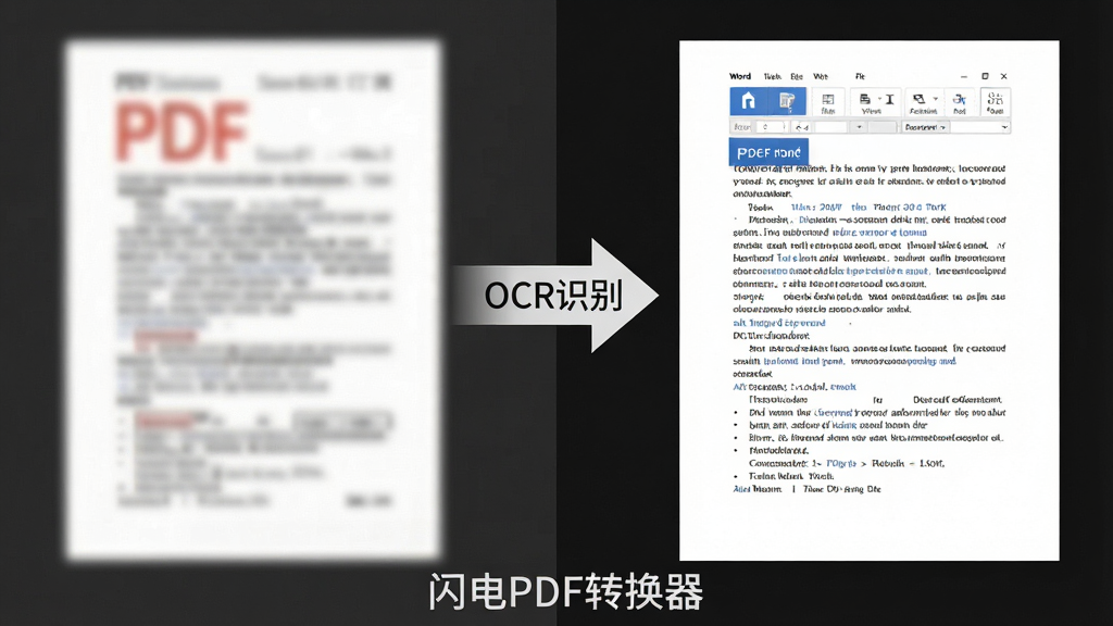一张对比图展示闪电PDF转换器的OCR识别效果,左侧为一份模糊的扫描版PDF文件,右侧为识别后清晰可编辑的Word文档,文字边缘锐利,背景为干净的白色,中间用箭头标示“OCR识别”,下方有“闪电PDF转换器”水印标识,整体设计简洁,对比鲜明,画质细腻