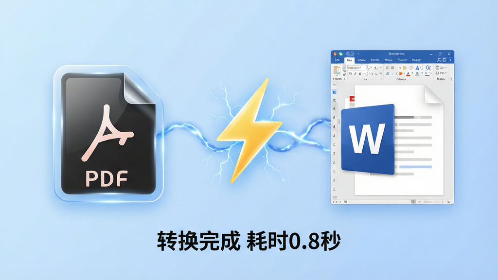 一张动态效果图展示闪电PDF转换器将PDF文件快速转换为Word文档的过程,左侧是PDF源文件图标,右侧是转换完成的Word文档界面,中间用闪电符号连接,下方显示“转换完成 耗时0.8秒”字样,整体风格科技感强,背景为浅蓝色渐变,文件图标带有光泽质感,画面清晰流畅,无多余元素,干净整洁