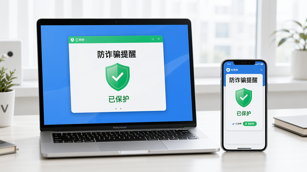 一台笔记本电脑和一部手机并排放置,屏幕上同时显示“防诈骗提醒”的软件主界面,界面有绿色盾牌和“已保护”字样,画面干净明亮,展示跨平台使用场景,高画质