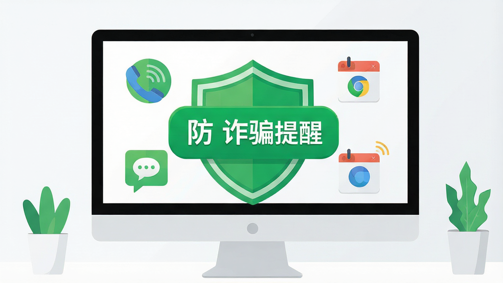一张简洁明亮的电脑桌面场景,屏幕中央弹出醒目的绿色盾牌气泡,气泡上写着“防诈骗提醒”,周围有电话、短信、浏览器图标被盾牌保护,整体风格干净清爽,现代扁平化UI设计,高分辨率,画质清晰,无多余元素