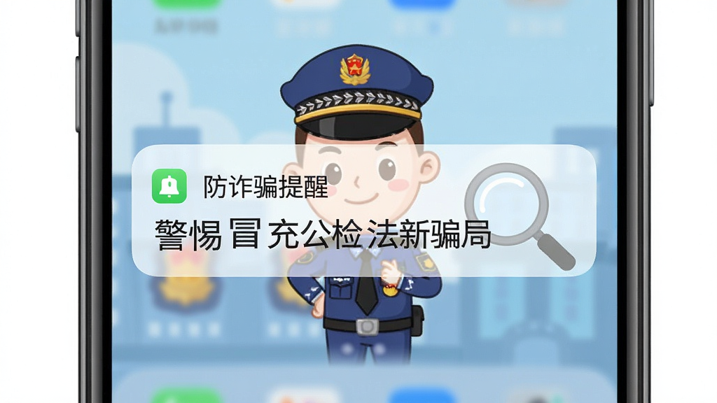 手机通知栏下拉界面,显示一条“防诈骗提醒”推送消息,内容为“警惕冒充公检法新骗局”,背景配以卡通警察形象和放大镜图标,整体风格活泼易懂,画面干净,高画质