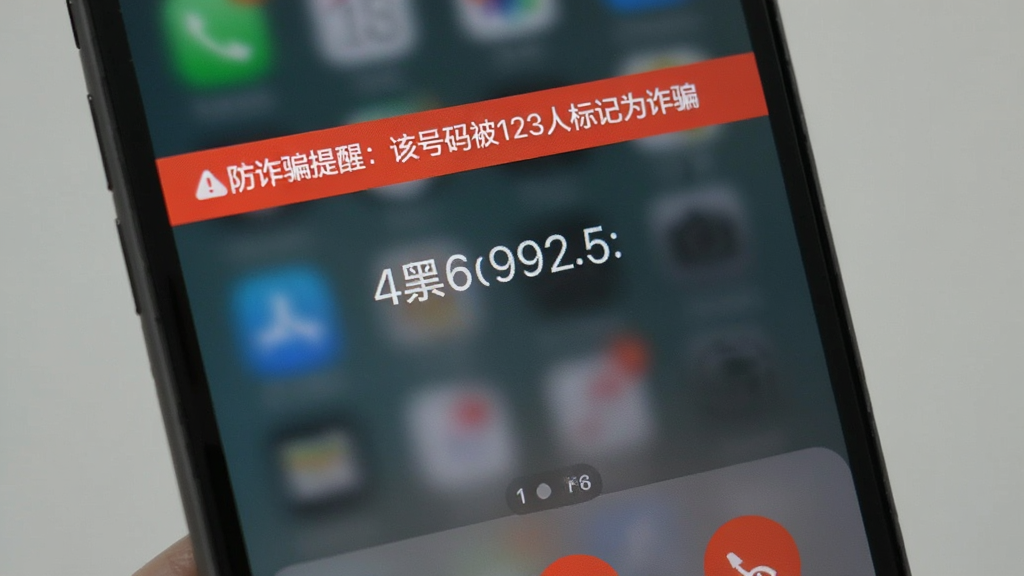 手机屏幕上显示来电界面,来电号码上方出现红色警示条,写着“防诈骗提醒:该号码被123人标记为诈骗”,背景模糊处理,突出警示文字,界面简洁清晰,高画质,无多余元素