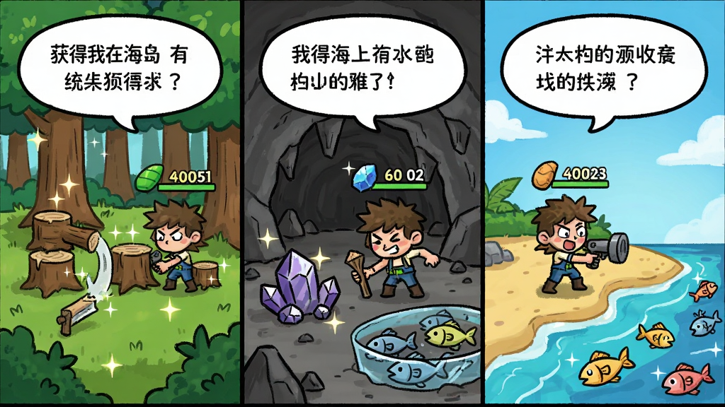 主体:游戏《我在海上有小岛》中角色在岛屿上收集资源的场景,包括砍伐树木、采集矿石、捕捉鱼群。布局:画面分为三个小场景,从左到右依次是森林、矿洞、海滩,主角在各自场景中劳作。排版:采用三宫格漫画形式,每个场景有独立的文字描述气泡。风格:手绘卡通风格,动作夸张有趣,色彩明快。细节:资源物品上有闪光特效,角色头顶显示获得物品数量。画质:清晰,干净,无多余元素。