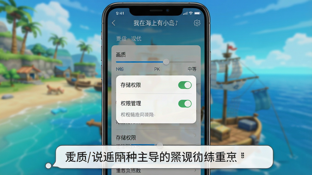 主体:手机屏幕展示《我在海上有小岛》游戏设置界面,画质选项和权限管理弹窗。布局:手机位于画面中央,屏幕内容清晰可辨,背景为模糊的游戏场景。排版:截图式展示,下方有文字气泡解释重点。风格:写实屏幕截图风格,界面简洁。细节:设置菜单中“画质”滑块调至中等,“存储权限”开关已打开。画质:4K,干净,无多余元素。