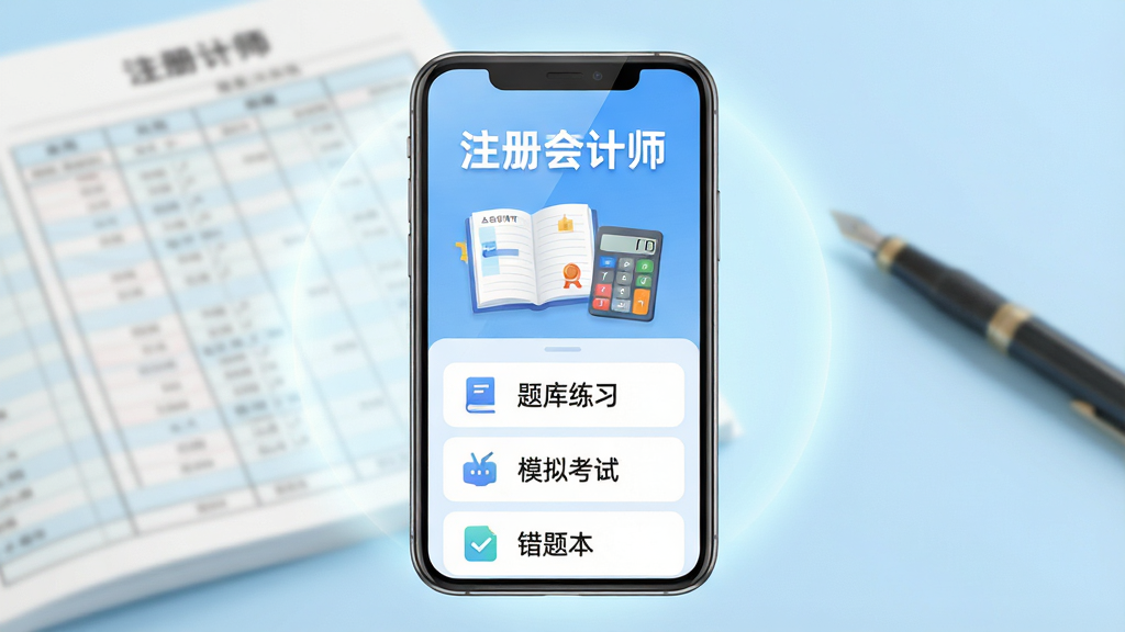 主体:注册会计师APP界面展示,手机屏幕上有“注册会计师”字样、会计账本、计算器、考试图标等元素。布局:手机居中,背景为浅蓝色渐变,四周有柔和光效。排版:手机屏幕内显示功能列表,如“题库练习”、“模拟考试”、“错题本”。风格:现代扁平化,色彩明亮清新。细节:手机屏幕反射光泽,边缘圆润,背景有模糊的账本和笔。画质:高清渲染,干净无多余元素。
