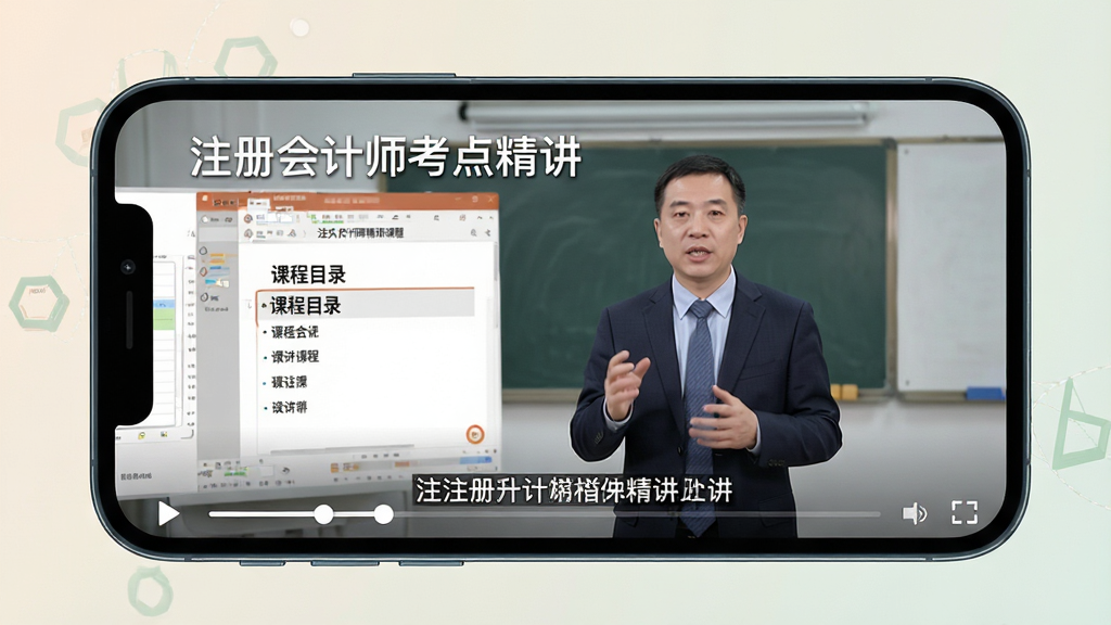 主体:手机播放注册会计师精讲课程视频,画面中出现老师讲解和PPT。布局:手机横屏,视频画面居中。排版:视频标题为“注册会计师考点精讲”,下方有课程目录。风格:教育风格,色彩柔和。细节:有播放进度条和讲解字幕。画质:高清,干净。
