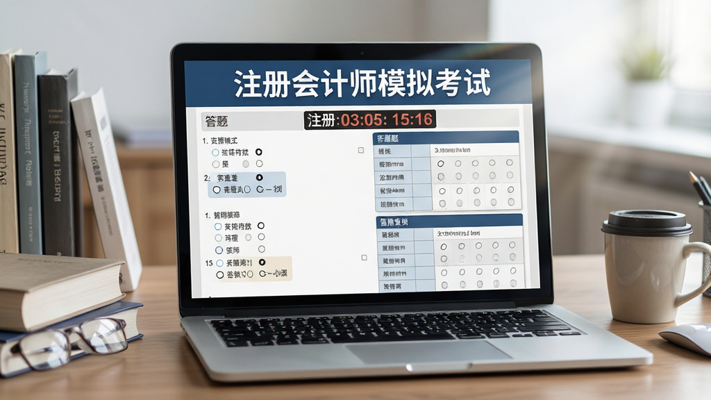 主体:笔记本电脑上显示注册会计师模拟考试界面,屏幕上出现倒计时和答题卡。布局:电脑居中,屏幕上方有“注册会计师模拟考试”字样。排版:界面有选择题和答题卡网格。风格:写实风格,办公场景。细节:键盘和桌面有书本和咖啡杯,屏幕有微弱反光。画质:高清,干净。