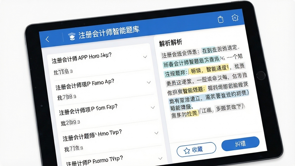 主体:注册会计师APP的智能题库界面,平板上显示题目列表和解析。布局:平板左侧是题目,右侧是详细解析区域。排版:界面有“注册会计师智能题库”标题,下方列出多道选择题。风格:简洁商务风格,蓝白配色。细节:解析区域有高亮关键词,底部有“收藏”、“纠错”按钮。画质:高清,干净无多余元素。