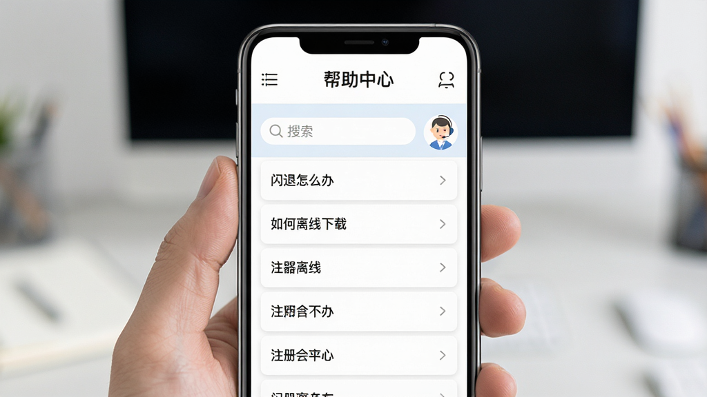 主体:手机屏幕显示“注册会计师”帮助中心页面,包含常见问题列表。布局:手机居中,屏幕上方有“帮助中心”字样。排版:列表有“闪退怎么办”、“如何离线下载”等条目。风格:简约客服风格。细节:有搜索栏和客服头像。画质:高清,干净。