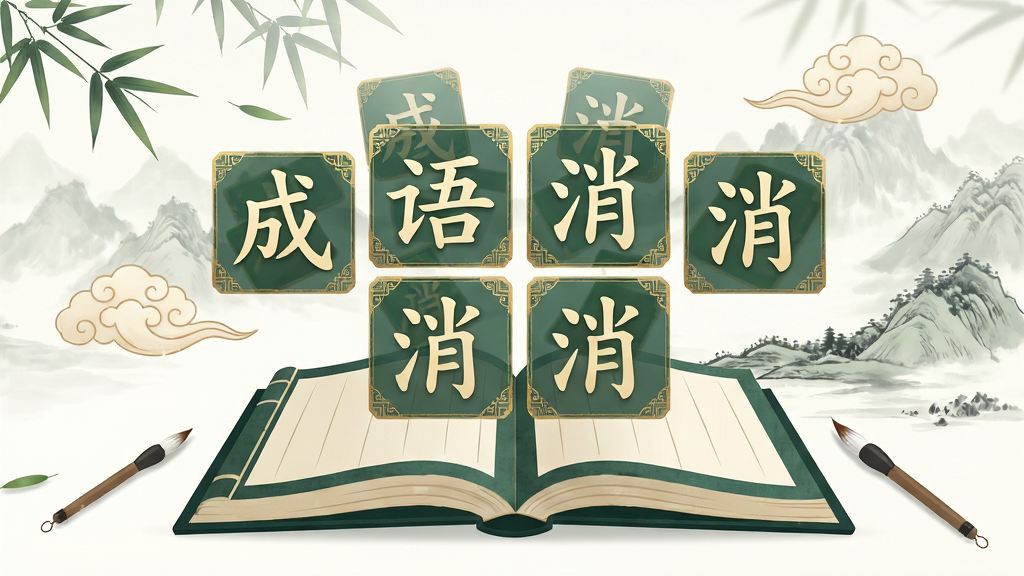 画面中央有一本翻开的古风书籍,书籍上方悬浮着多个半透明的绿色方块,方块上写着“成语消消”四个大字,每个方块边缘带有金色纹路,背景是淡雅的水墨山水画,几朵祥云点缀其间。整体布局采用居中对称构图,书籍与方块形成视觉焦点,周围留白充足。排版上,标题文字置于方块表面,使用楷体风格,笔画清晰。画风融合工笔重彩与扁平化设计,色彩以墨绿、米白、淡金为主,光线柔和,细节处有细小的竹叶与毛笔作为装饰。画面干净整洁,无多余元素,高分辨率渲染,质感细腻。