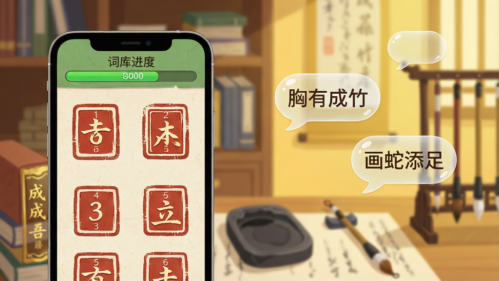 一张横向排列的游戏截图概念图,前景是手机屏幕,屏幕上显示成语消消的选关界面,关卡图标以印章样式排列,每个印章上标有数字。屏幕上方有一条绿色进度条写着“词库进度”。背景虚化为古代书房,有书架、砚台和毛笔,整体采用暖黄色调。画面布局采用三分法,手机位于左侧三分之一处,右侧留白处漂浮着几个半透明成语气泡,气泡内文字为“胸有成竹”、“画蛇添足”。风格为扁平插画结合轻微纸纹质感,细节包括书脊上的烫金字体,整体画质干净,无多余元素,柔和光影。