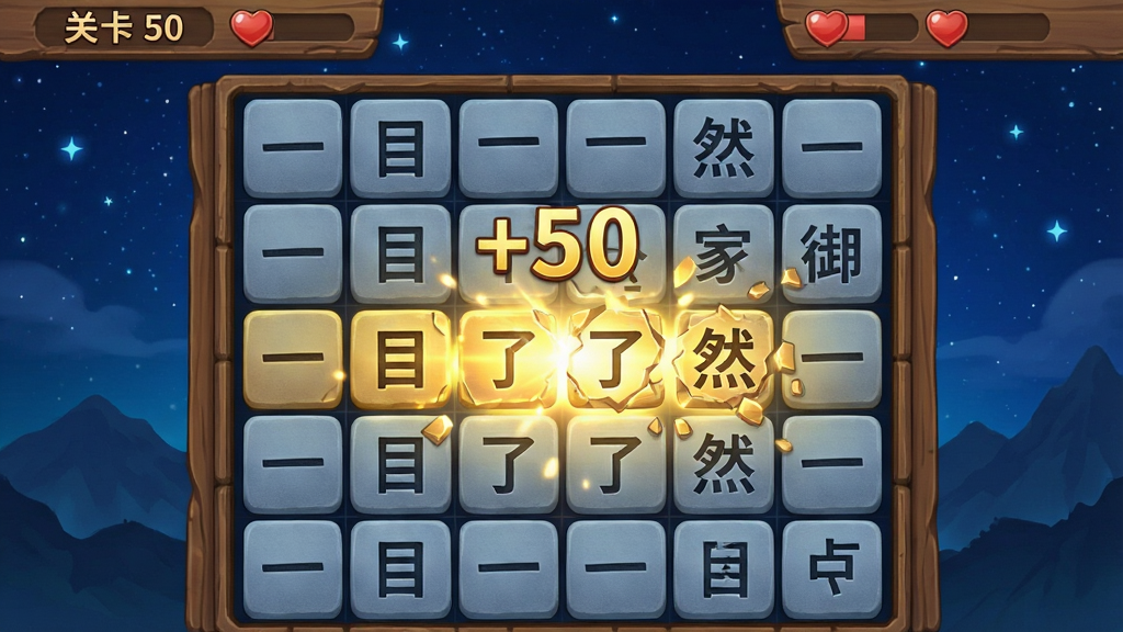 游戏对战界面特写,画面中央是一个8x8的汉字方块棋盘,方块上分别写着“一”、“目”、“了”、“然”等字。其中一行方块正发出金光并逐渐碎裂,上方飘出“+50”的得分特效。棋盘两侧有古朴的木质边框,顶部显示关卡数与生命值图标。背景是深蓝色星空与远山剪影,整体采用对称布局,棋盘占据画面中心约70%面积。画风为2D高清渲染,色彩鲜明,方块表面有细微的磨砂纹理,特效光晕柔和。画面干净,无多余UI元素,聚焦消除瞬间。