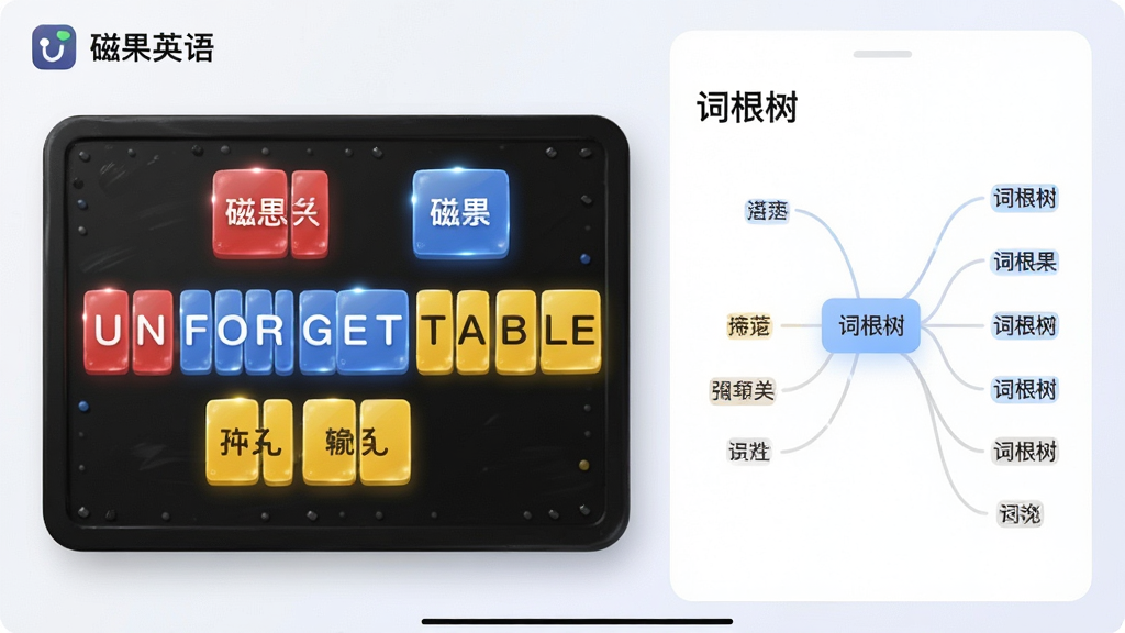 主体为“磁果英语”APP的词根拆解功能界面横屏截图,左侧展示单词“UNFORGETTABLE”被拆分并吸附在黑色磁力板上,不同词根区块用红蓝黄三色区分并标注中文含义。右侧显示“词根树”拓展图,衍生出多个相关单词。布局为左右分栏,排版清晰有序,风格为现代UI设计,界面光效柔和,细节丰富,画质通透干净,无多余装饰元素。