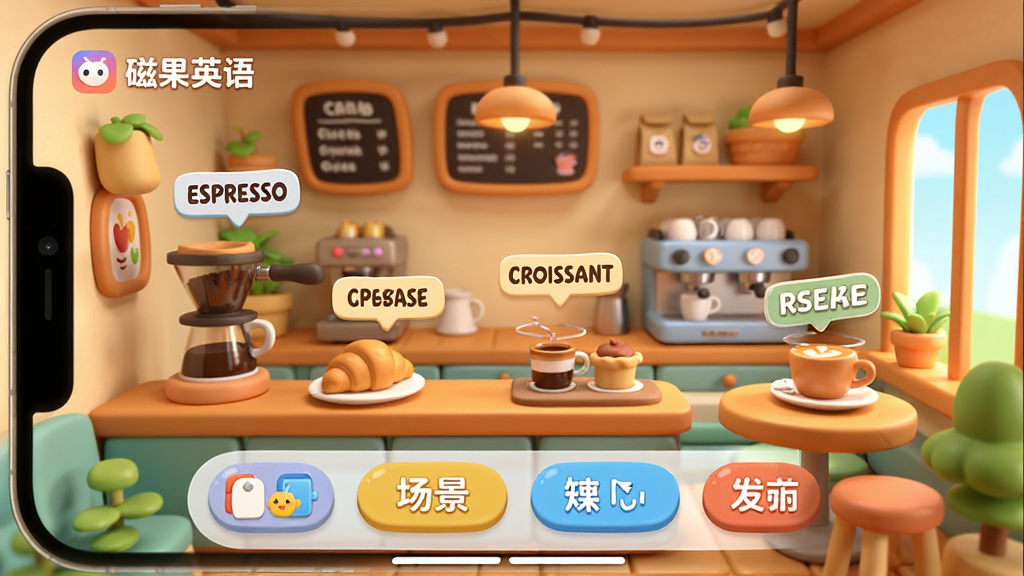 主体为“磁果英语”APP的场景学习界面,画面呈现一个色彩温馨的3D咖啡馆内景,各种咖啡器具和食物上悬浮着对应的英文单词标签,如“ESPRESSO”、“CROISSANT”。界面底部有一排场景切换按钮。整体布局具有空间纵深感,排版活泼生动,风格为3D卡通渲染,画质细腻明亮,干净整洁,突出学习氛围。