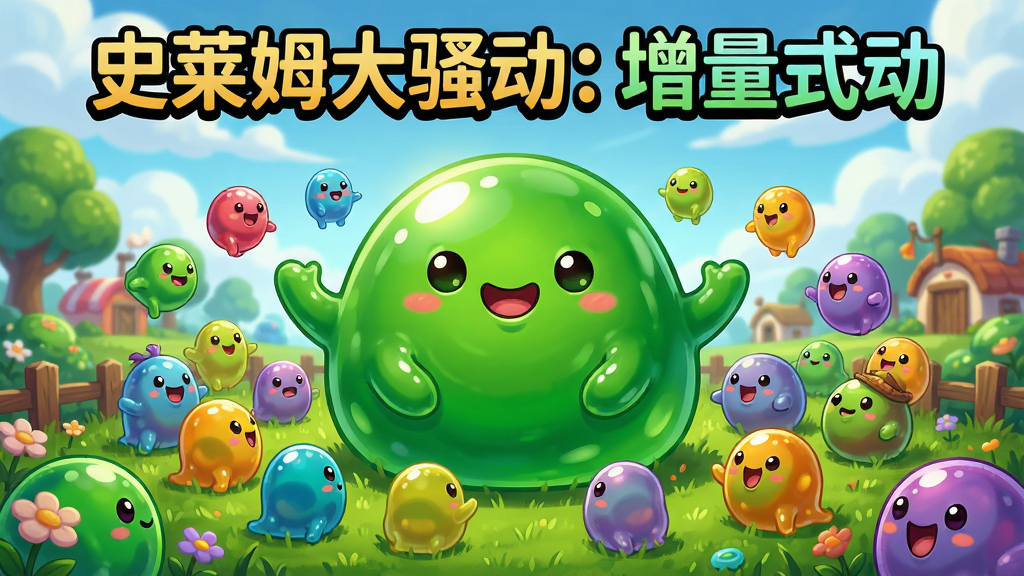 主体:一只巨大的、圆滚滚的、可爱的绿色史莱姆王站在画面中央,周围环绕着各种颜色的小史莱姆,背景是充满生机的史莱姆牧场。布局:史莱姆王居中,小史莱姆呈放射状分布,上方有游戏标题“史莱姆大骚动:增量式动”。排版:标题醒目,画面饱满,层次分明。风格:卡通渲染,色彩明亮,细节丰富,充满活力。细节:史莱姆身体有光泽和弹性,地面有草地和花朵,天空有云朵。画质:高清,干净,无多余元素。