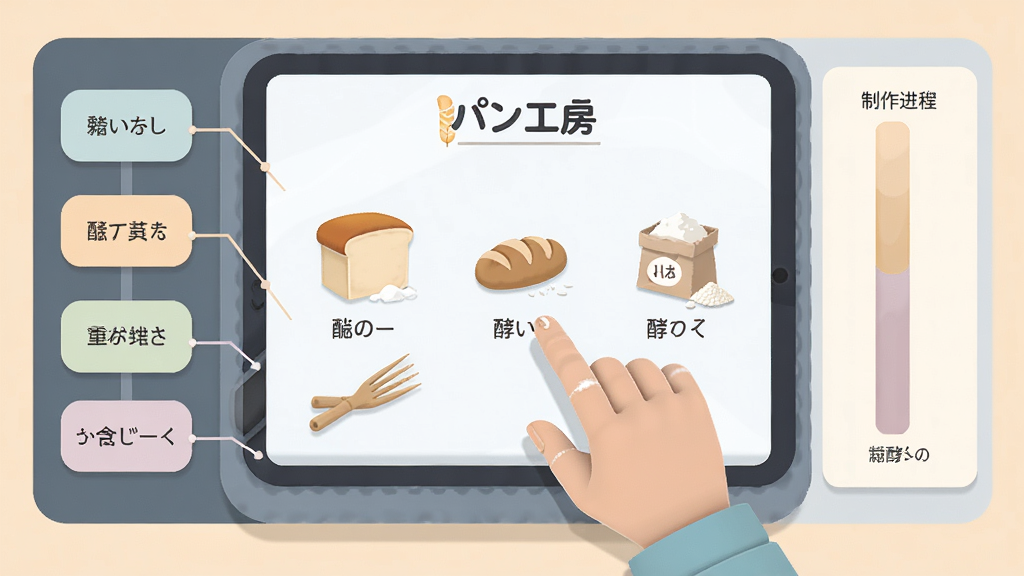 主体:一双虚拟的手正在操作面板,屏幕上显示面包制作步骤,旁边有面粉和酵母的图标。布局:界面截图风格,左侧是操作按钮,右侧是制作进度条。排版:清晰的功能分区,引导线指向关键按钮。风格:扁平化UI设计,搭配柔和色彩。细节:屏幕上显示“パン工房”的Logo,按钮上有日文标签。画质:高清,干净,无多余元素。