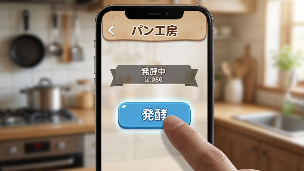 主体:一个手机屏幕的特写,屏幕上显示“パン工房”的游戏界面,一只手指正在点击“酵”按钮。布局:手机位于画面中央,背景为模糊的厨房。排版:突出手机屏幕内容,按钮高亮显示。风格:写实与游戏UI结合,光线自然。细节:屏幕上有“酵中”的倒计时提示。画质:高清,干净,无多余元素。