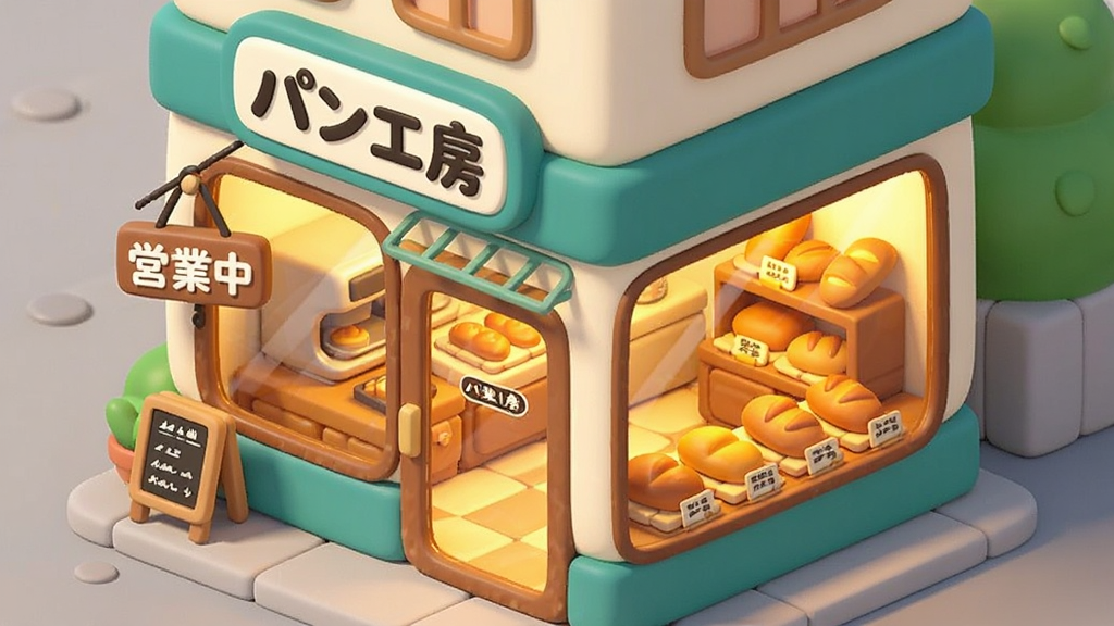 主体:一家小巧可爱的面包店门面,门口挂着“中”的牌子,店内灯光温暖,货架上摆满面包。布局:斜45度视角,展示店铺内外场景。排版:前店后厨的结构清晰可见。风格:治愈系卡通风格,色彩明快。细节:店招上写着“パン工房”,橱窗玻璃反射出诱人的面包光泽。画质:高清,干净,无多余元素。