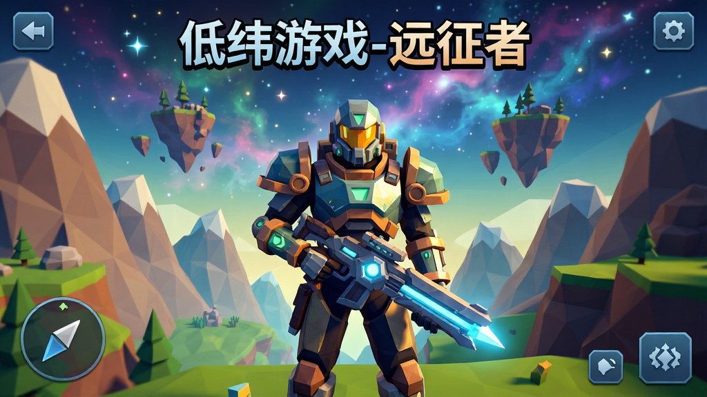 主体:《低纬游戏-远征者》游戏主界面,一名身着机械装甲的远征者站在低多边形风格的山谷前,手持发光武器,背景有漂浮的岛屿和星云。布局:角色居中,UI按钮分布四角。排版:清晰展示游戏标题“低纬游戏-远征者”在画面顶部。风格:低多边形艺术,色彩鲜艳,光影层次丰富,画质高清,干净无多余元素。