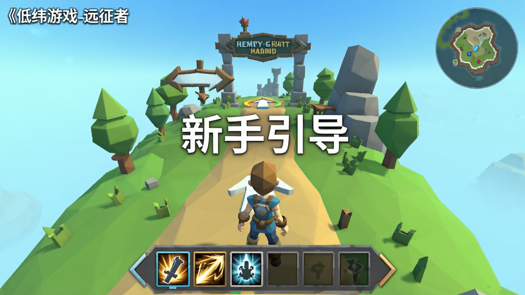 主体:《低纬游戏-远征者》新手引导界面,角色站在教学关卡中,前方有箭头指引。布局:UI简洁,下方技能栏,右上角小地图。排版:画面中央显示“新手引导”。风格:明亮清晰,低多边形,画质干净,无多余元素。