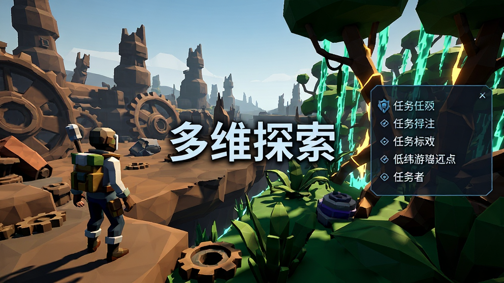 主体:《低纬游戏-远征者》游戏场景,角色在机械废土与能量丛林交界处探索。布局:场景广阔,角色位于画面左侧,右侧显示任务指引。排版:画面中央显示“多维探索”字样。风格:低多边形,明暗对比强烈,细节丰富,画质干净,无多余元素。
