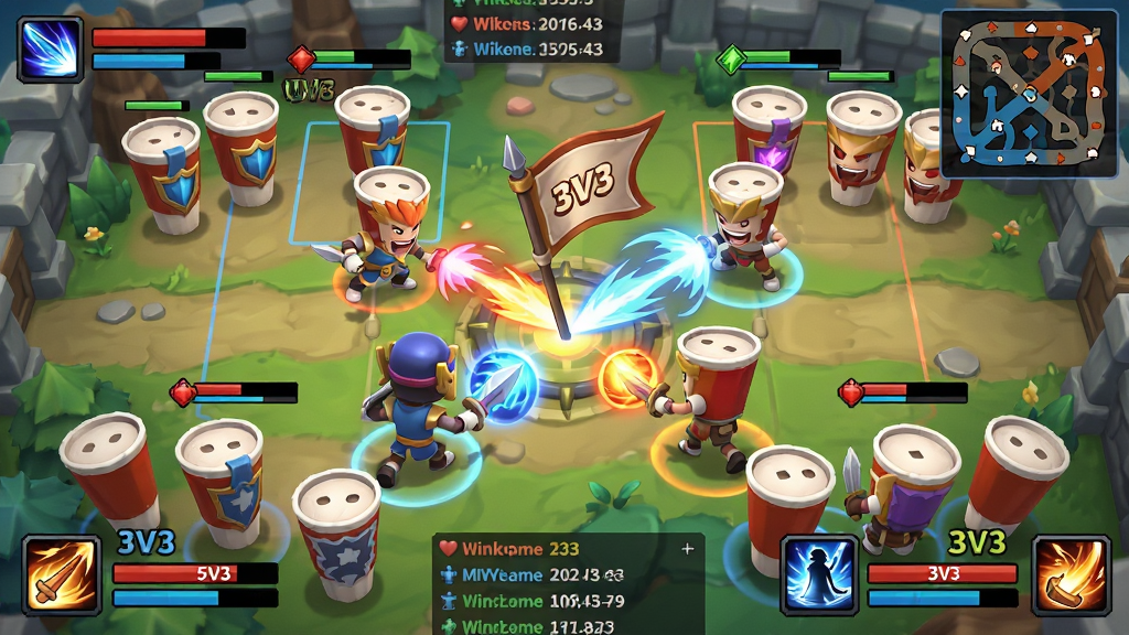 ���壺3V3�ŶӶ�ս���棬ֽ��Ӣ�������������ͼ��������ġ����֣�����������Ӫ������Ϊ���㣬С��ͼ�����Ͻǡ��Ű棺UI��ʾ��������Ѫ������ս����Ϣʵʱ��������񣺿�ͨ������񣬶���ʮ�㡣ϸ�ڣ����ܹ켣��������ɫ������������ͼϸ�ڷḻ�����ʣ��߻�����Ⱦ���ɾ��޶���Ԫ�ء�