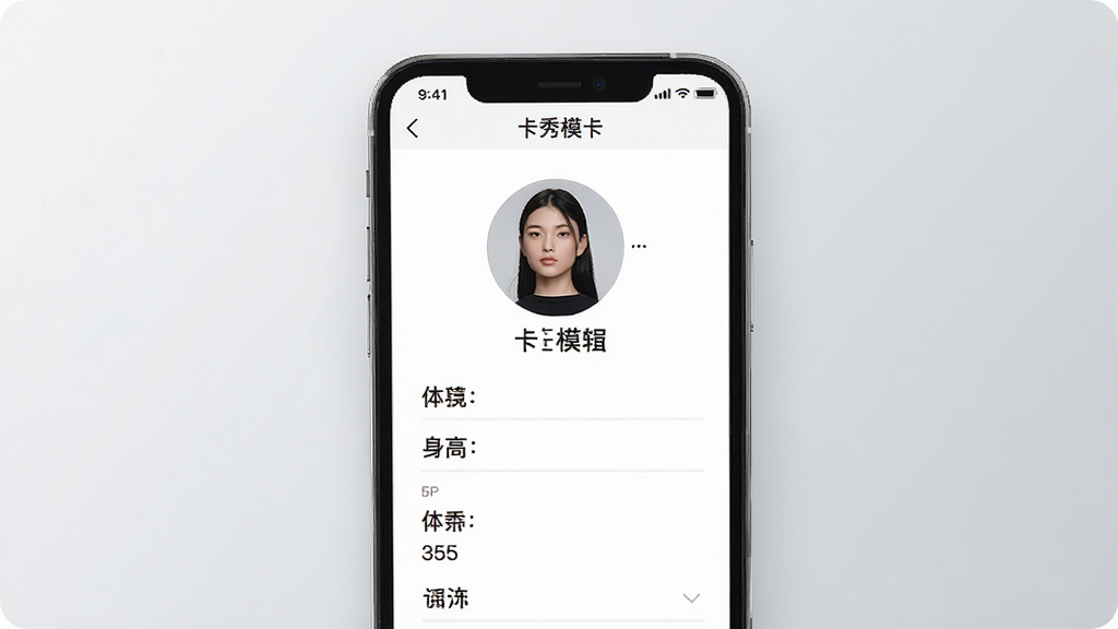 一张时尚简约的手机应用界面预览图,屏幕中显示卡秀模卡软件的个人资料编辑页面,包含模特头像、身高体重等数据字段,背景为浅灰色渐变,风格干净专业,排版整齐,细节丰富,画质高清,无多余元素