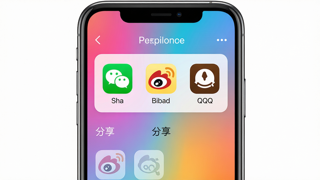 卡秀模卡应用分享功能演示,手机屏幕显示分享选项列表,包含微信、微博、QQ等图标,背景为渐变色,构图居中,风格现代,色彩鲜明,画质清晰,无多余元素