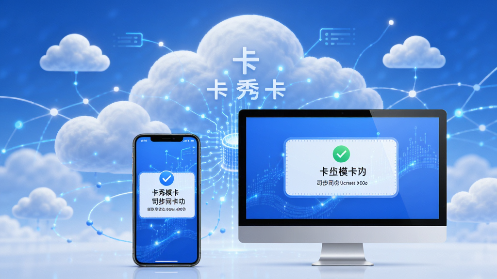 卡秀模卡云端同步概念图,背景为云朵与网络线条,前景为手机和电脑屏幕显示同步成功提示,色调蓝白相间,科技感强,构图平衡,细节丰富,画质高,干净无多余元素