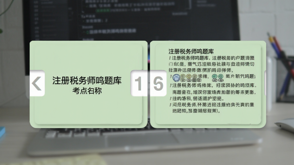 一张记忆卡片界面预览图,卡片正面显示“注册税务师鸣题库”考点名称,背面显示详细解释,卡片以浅绿色为底色,左右滑动切换,背景虚化,构图居中,画质干净。