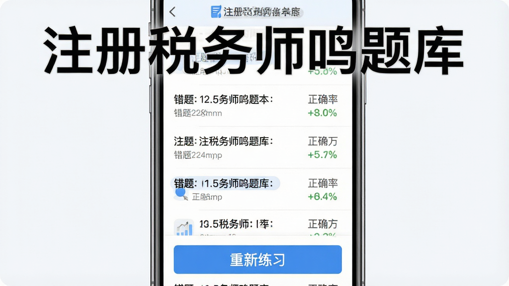一张手机截图风格的图示,顶部标有“注册税务师鸣题库”错题本字样,列表展示错题题目和正确率百分比,底部有“重新练习”按钮,整体风格清爽,画质细腻。