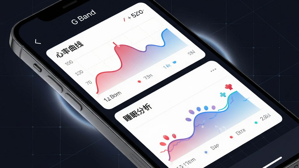 画面主体为G Band应用的健康数据详情页截图,以卡片式布局展示“心率曲线”与“睡眠分析”两大模块,红色与蓝色渐变数据线清晰醒目。背景为带轻微网格的深色科技界面,手机模型倾斜45度展示,侧面辅以柔光光晕。排版上强调数据可视化的专业感,风格为现代医学级健康管理风,画质干净细腻,无多余元素,屏幕内文字为“G Band”。