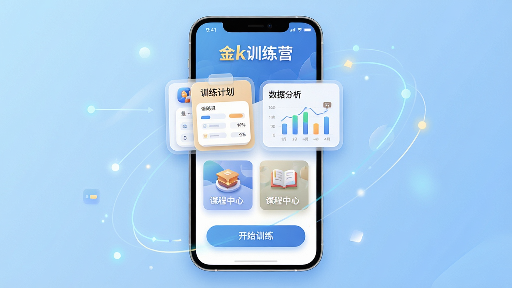主体:一款名为“金k训练营”的手机应用界面,界面风格现代简洁,主屏幕展示“训练计划”、“数据分析”、“课程中心”等模块的立体预览效果。布局:采用手机竖屏居中构图,背景为淡雅的科技蓝渐变,应用界面悬浮于中央,周围环绕着象征效率与成长的抽象线条与光点。排版:画面干净,应用内文字清晰可读,重点突出“金k训练营”LOGO与“开始训练”按钮。风格:扁平化结合轻微拟物阴影的现代UI设计风格,色彩明快,对比舒适。细节:界面元素比例精准,光线柔和,图标的质感细腻,体现出软件的可靠与专业性。画质:8K超高清渲染,画面锐利,干净,无多余元素。