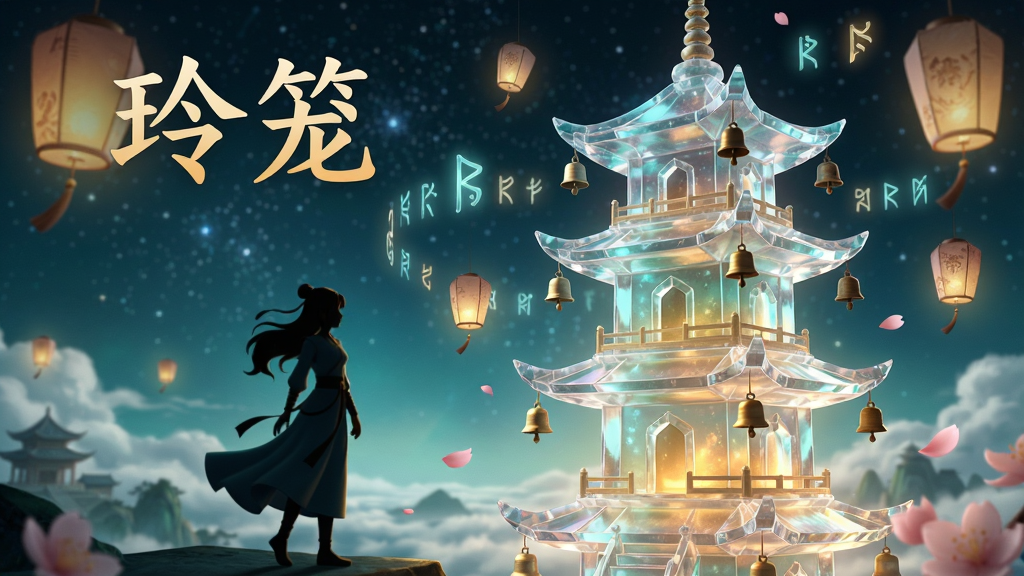 画面中央矗立着一座半透明的水晶宝塔,塔身流光溢彩,周围环绕着漂浮的灯笼与神秘的符文。主体为塔与主角剪影,布局采用黄金分割,人物位于左侧三分之一处,右侧为塔的全貌,远景是星空与云海。排版风格为古风手绘与3D渲染结合,色调以青蓝与暖金为主,光影层次丰富,细节包含塔檐的铃铛与飘落的桃花瓣。画质为8K超清,整体干净唯美,无多余元素。图片中浮现汉字“玲笼”作为标题。