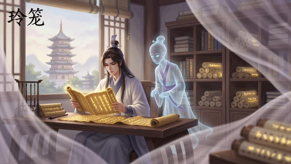 主体为古风书房场景,一位主角坐在案前翻阅泛黄的书卷,身旁有半透明的灵体侍从。布局上将人物置于画面中央偏左,右侧是层层叠叠的书架与发光的卷轴。排版采用纵深感强的视角,前景有飘动的纱幔,风格介于写实与水墨之间,色调柔和,以暖黄与淡紫为主。细节包括书页上的发光的文字和窗外隐约的宝塔轮廓。画质高清,画面干净,无多余杂物,图片中显示“玲笼”二字于左上角。