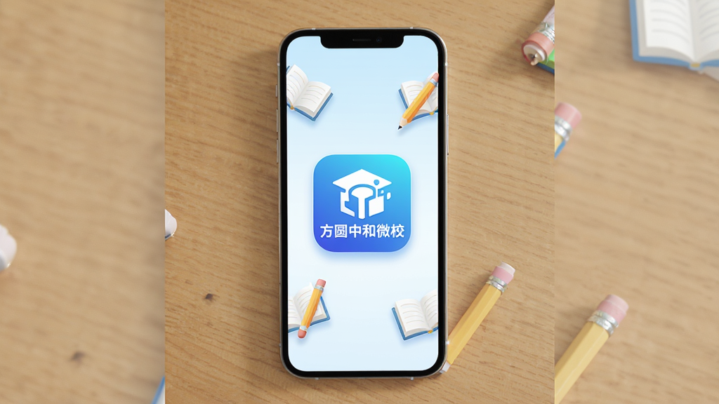 一个现代简约风格的手机应用界面展示图,主视觉为中心位置显示“方圆中和微校”应用图标,图标采用蓝白渐变配色,背景为淡雅的浅蓝色渐变,周围点缀书本、铅笔等学习元素,界面布局清爽,突出教育科技感,画质高清,干净无多余元素。