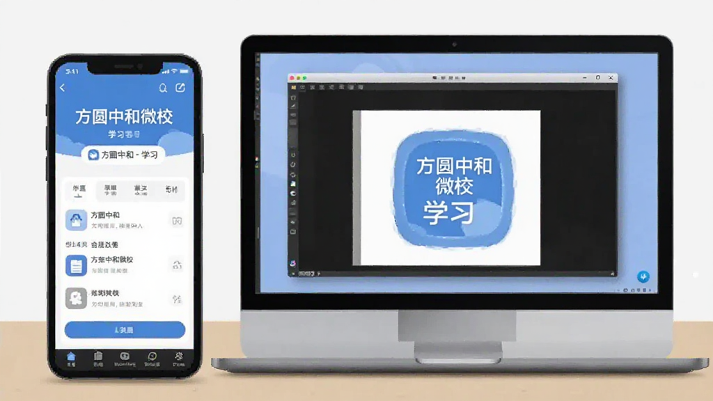 一张手机与电脑并排的示意图,手机屏幕中显示“方圆中和微校”学习界面,电脑屏幕中显示模拟器运行该应用的窗口,背景为浅色桌面,整体干净简洁,画质清晰,无多余元素。