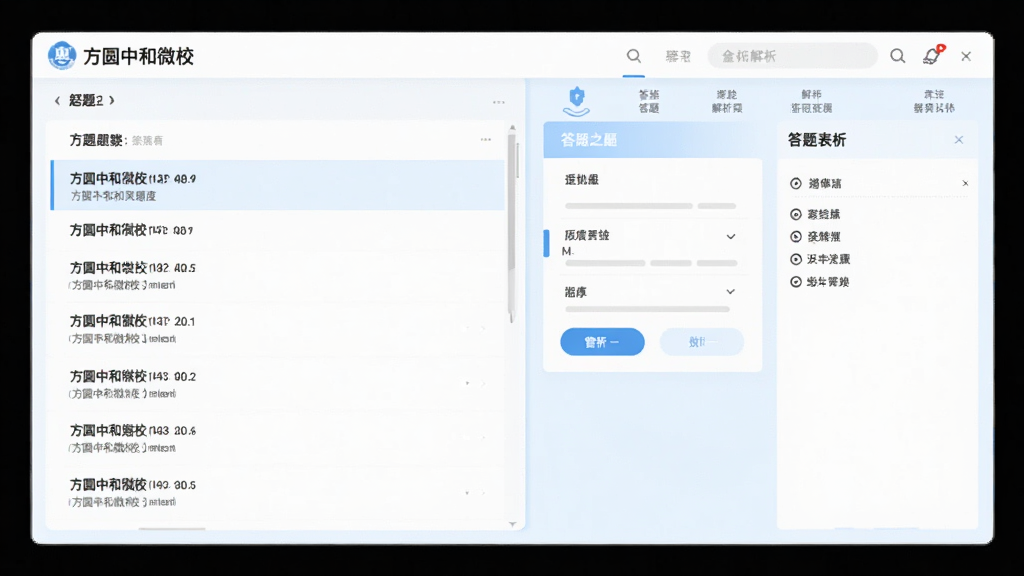 展示“方圆中和微校”题库功能界面的预览图,左侧为题目列表,右侧为答题卡与解析区域,界面以白色和浅蓝色为主,整体排版整齐清晰,风格简洁现代,画质干净,无多余元素。