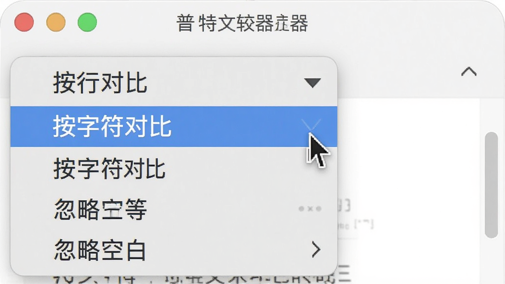 展示普特文本比较器功能菜单下拉列表,包含按行对比、按字符对比、忽略空白等选项,界面窗口采用浅色主题,鼠标光标悬停在“按字符对比”选项上,整体风格干净整洁,细节丰富,画质高清无多余元素